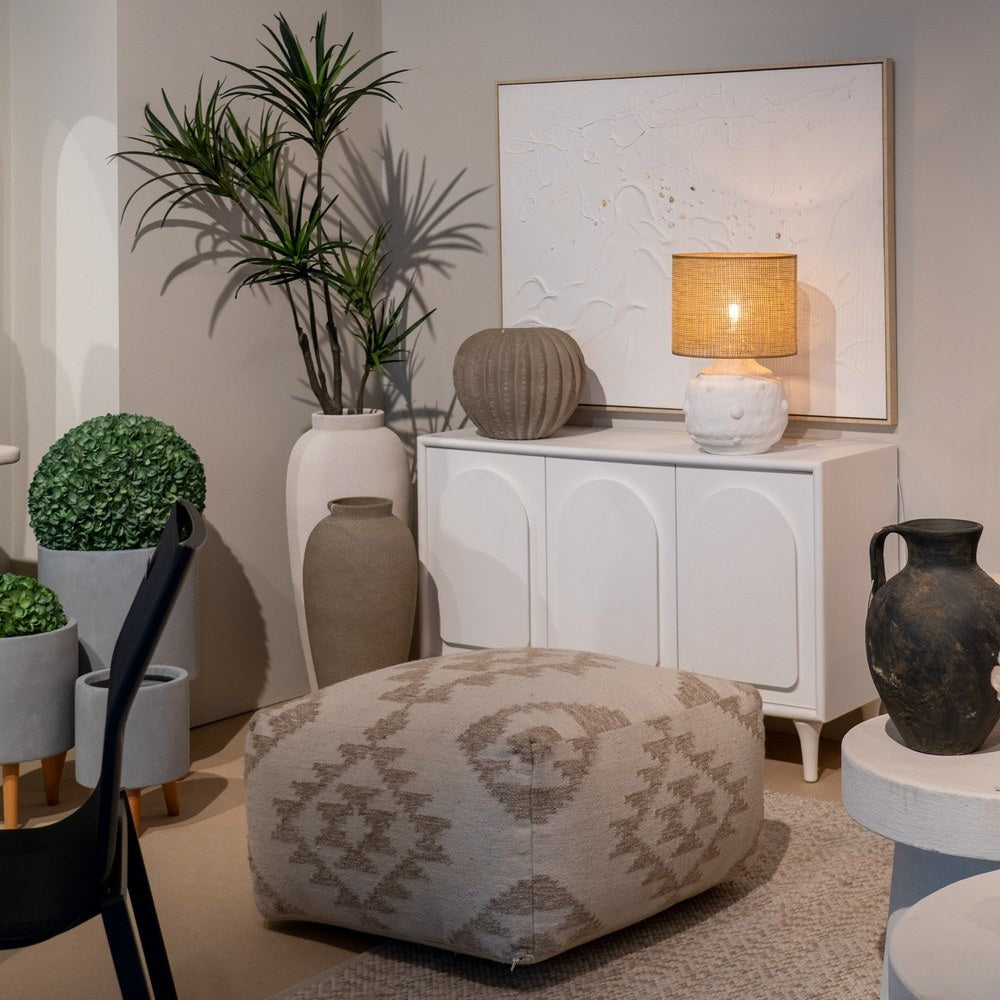 WHITE NATURAL WOOL-COTTON POUF 80 X 80 X 40 CM