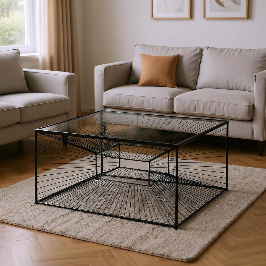 MESA CENTRO NEGRO METAL-CRISTAL 80,50 X 80,50 X 38 CM