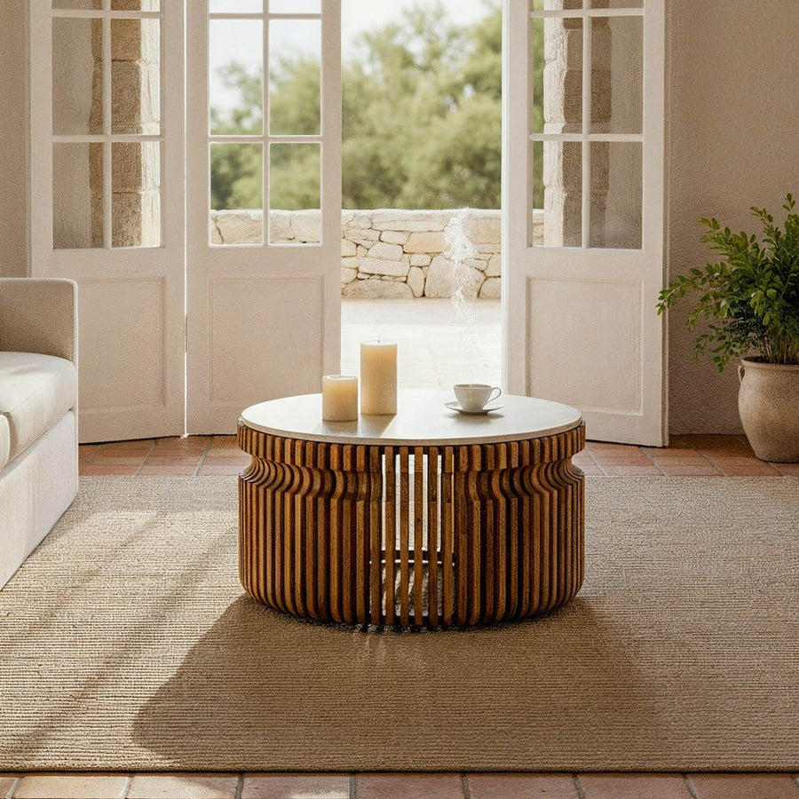 MESA CENTRO MADERA-MÁRMOL SALÓN 80 X 80 X 42 CM