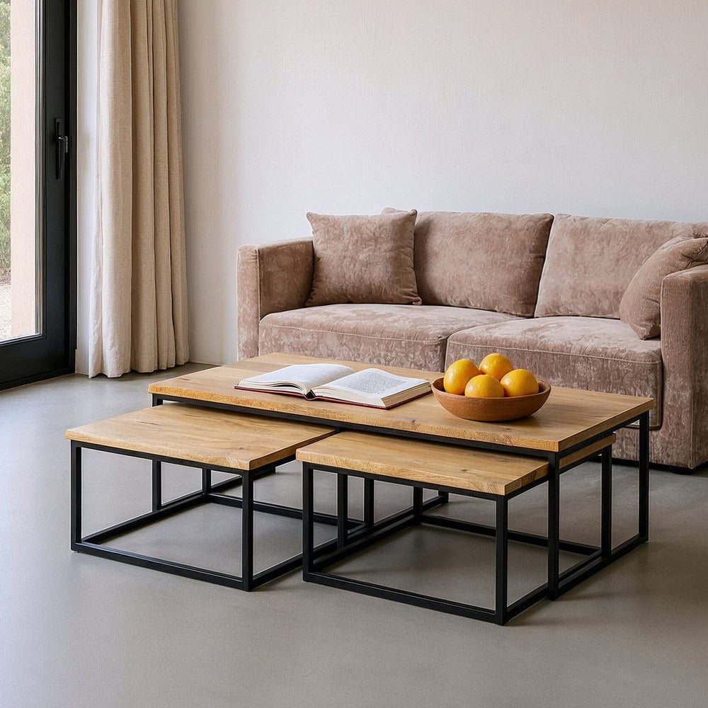 S/3 MESA CENTRO NATURAL MADERA-METAL 130 X 60 X 40 CM