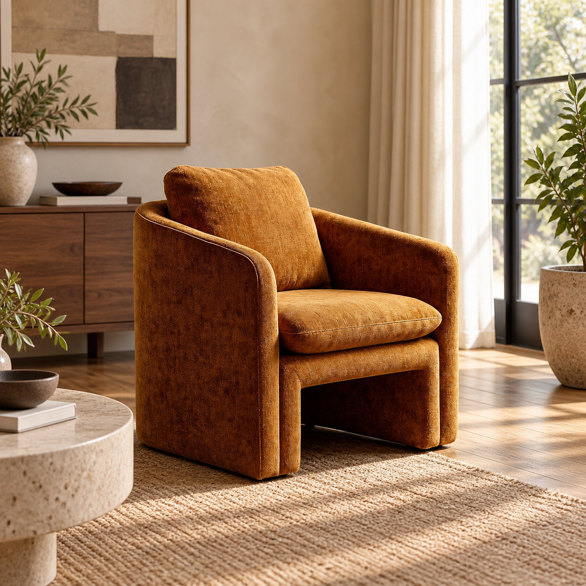 Sillón ocre tejido madera — ambiente