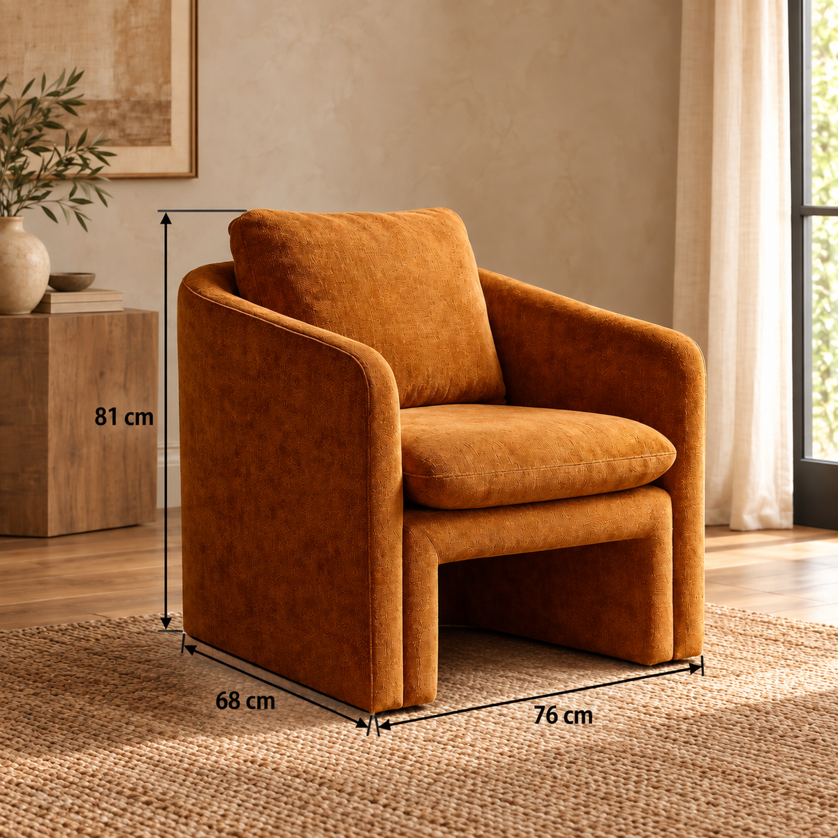 Sillón ocre tejido madera — ficha de medidas
