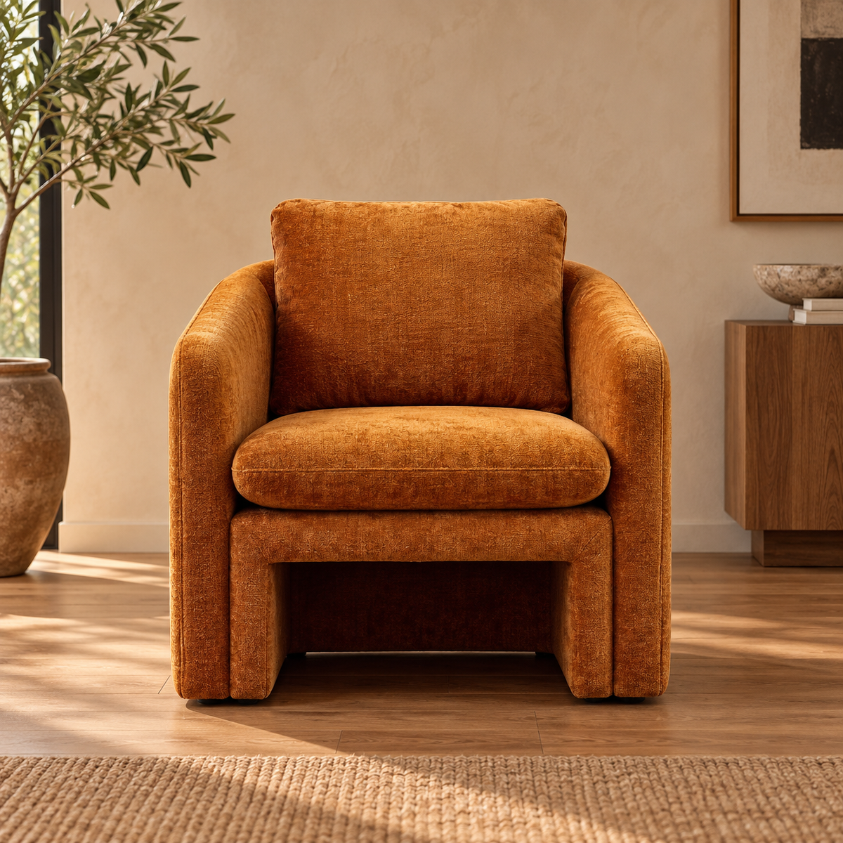 Sillón ocre tejido madera — vista frontal