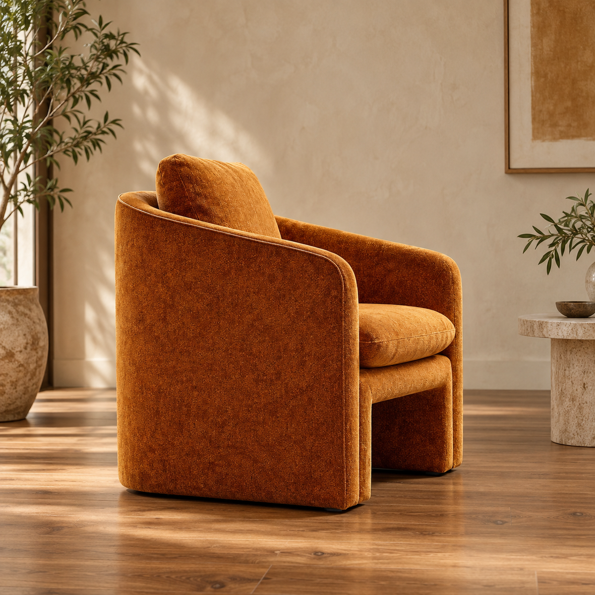 Sillón ocre tejido madera — vista lateral