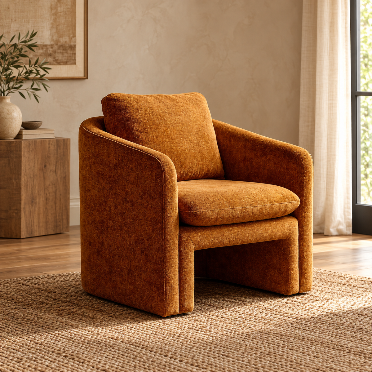 Sillón ocre tejido madera — vista tres cuartos