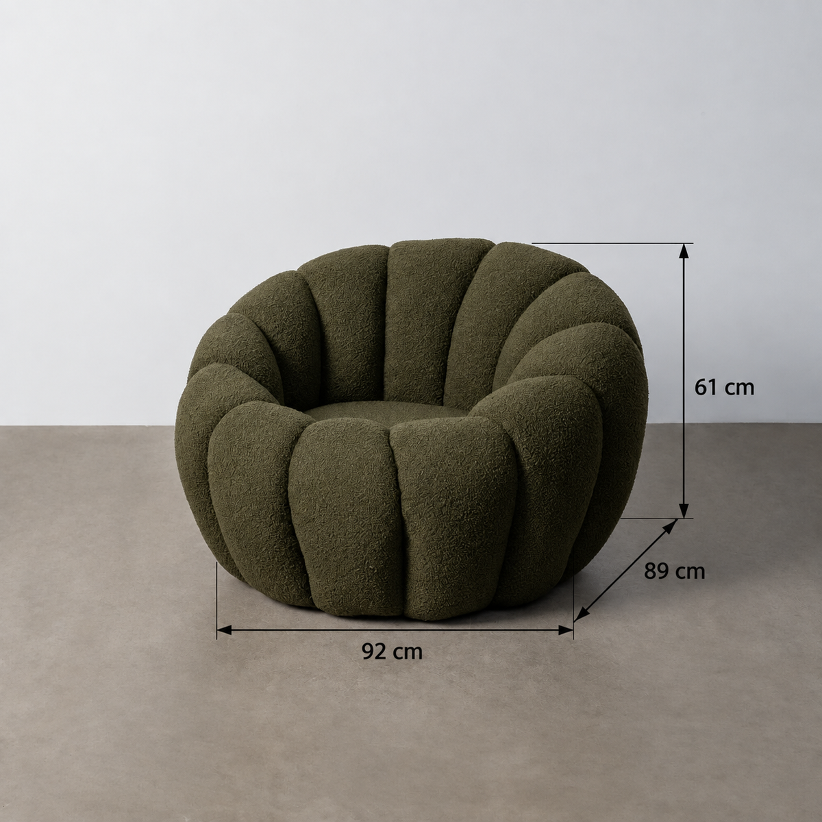 SILLÓN VERDE TEJIDO-MADERA 92 X 89 X 61 CM — ficha de medidas