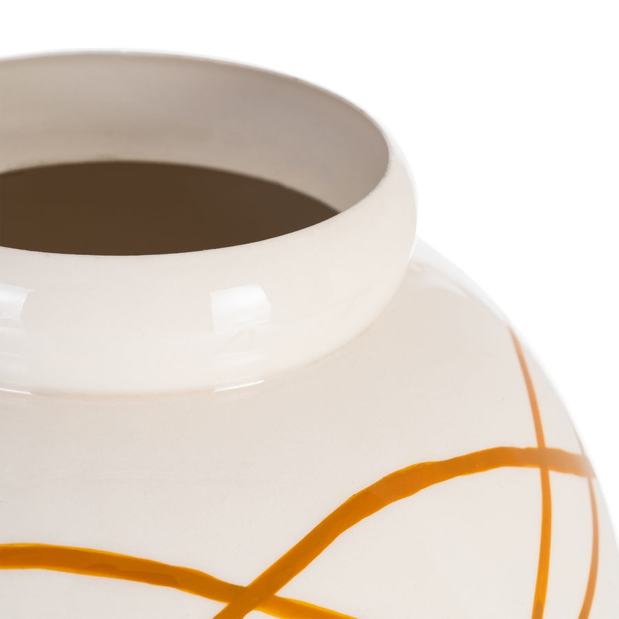 WHITE-MUSTARD METAL DECORATIVE VASE 23 X 23 X 20 CM