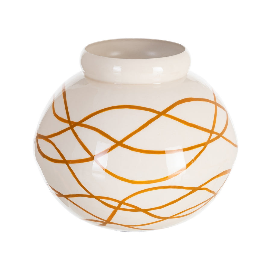 WHITE-MUSTARD METAL DECORATIVE VASE 23 X 23 X 20 CM