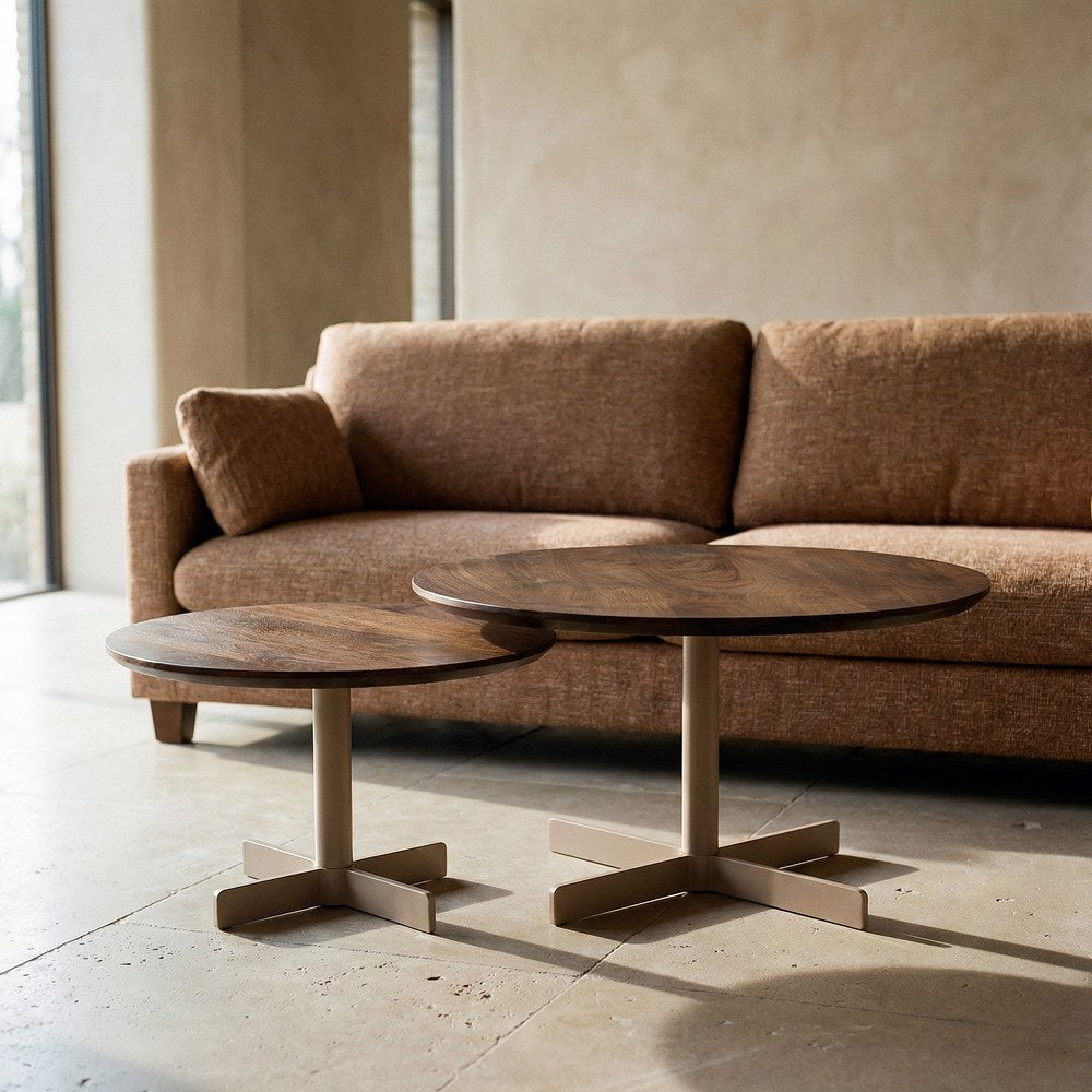 S/2 MESA CENTRO BEIGE-MARR�N HIERRO 80 X 80 X 45 CM