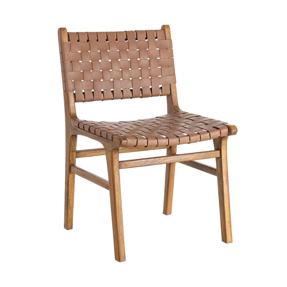 BROWN TEAK WOOD LEATHER LIVING ROOM CHAIR 50 X 56 X 87 CM