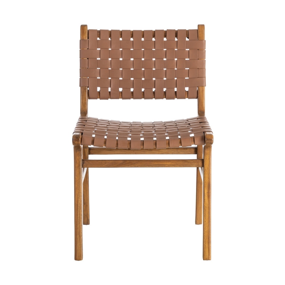 BROWN TEAK WOOD LEATHER LIVING ROOM CHAIR 50 X 56 X 87 CM