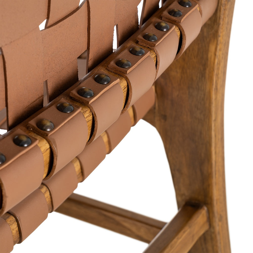 BROWN TEAK WOOD LEATHER LIVING ROOM CHAIR 50 X 56 X 87 CM