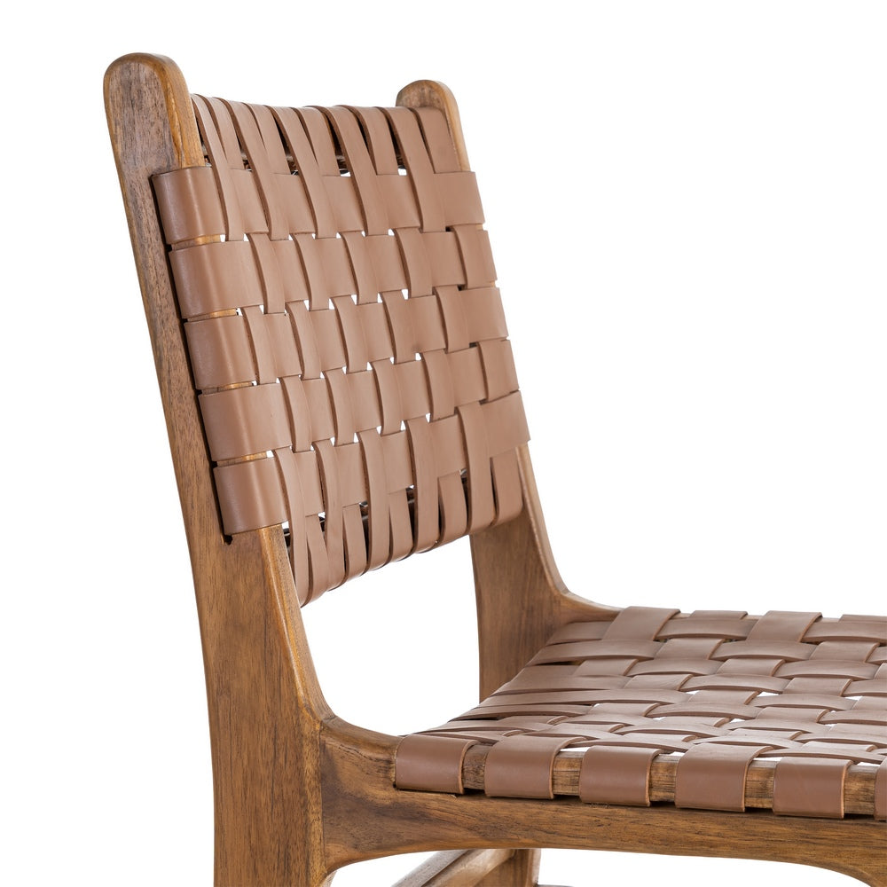 BROWN TEAK WOOD LEATHER LIVING ROOM CHAIR 50 X 56 X 87 CM