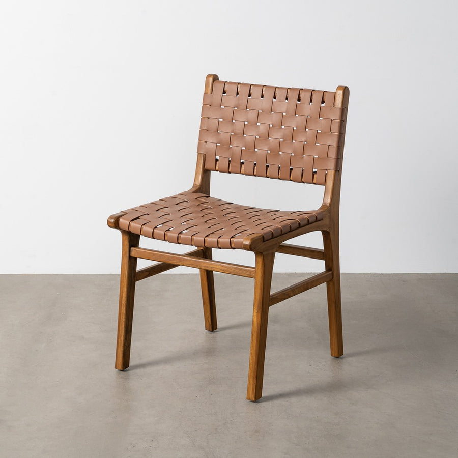 SILLA MARRÓN MADERA TECA-PIEL SALÓN 50 X 56 X 87 CM