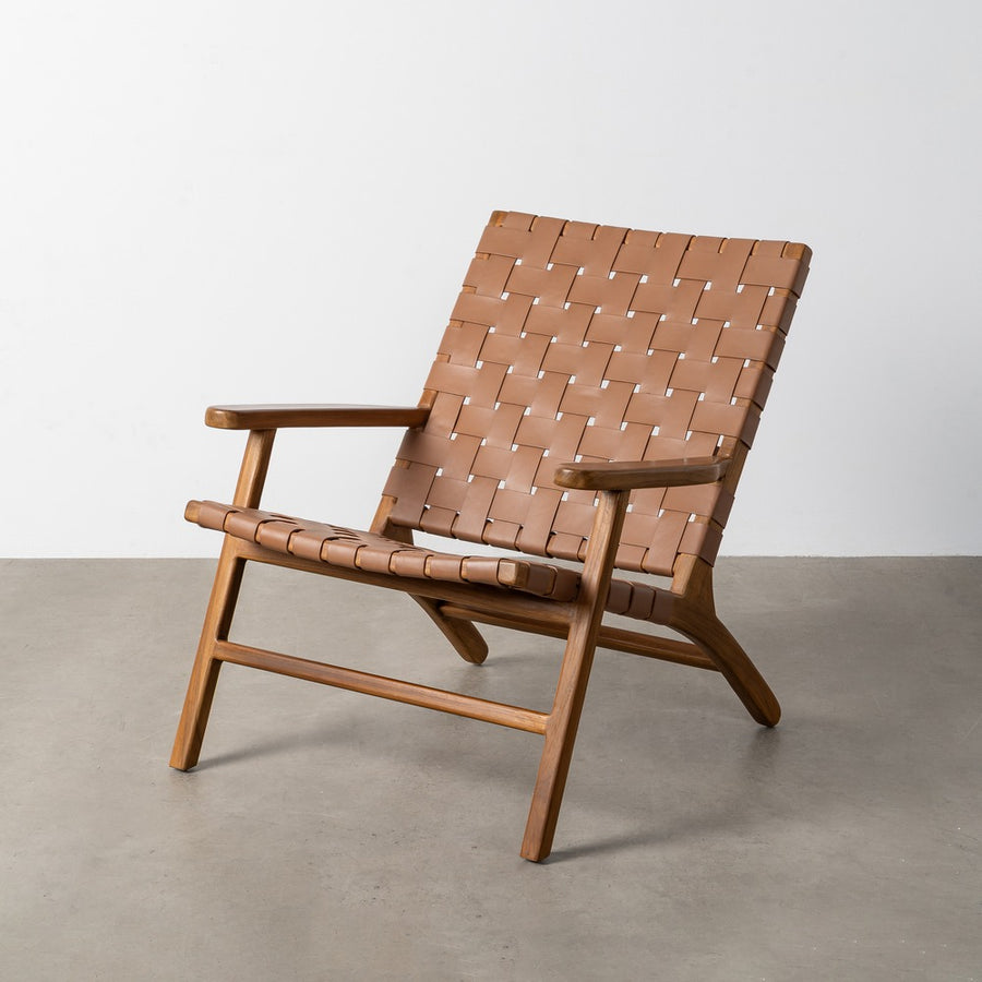 BUTACA MARRÓN MADERA TECA-PIEL SALÓN 74 X 78 X 75 CM