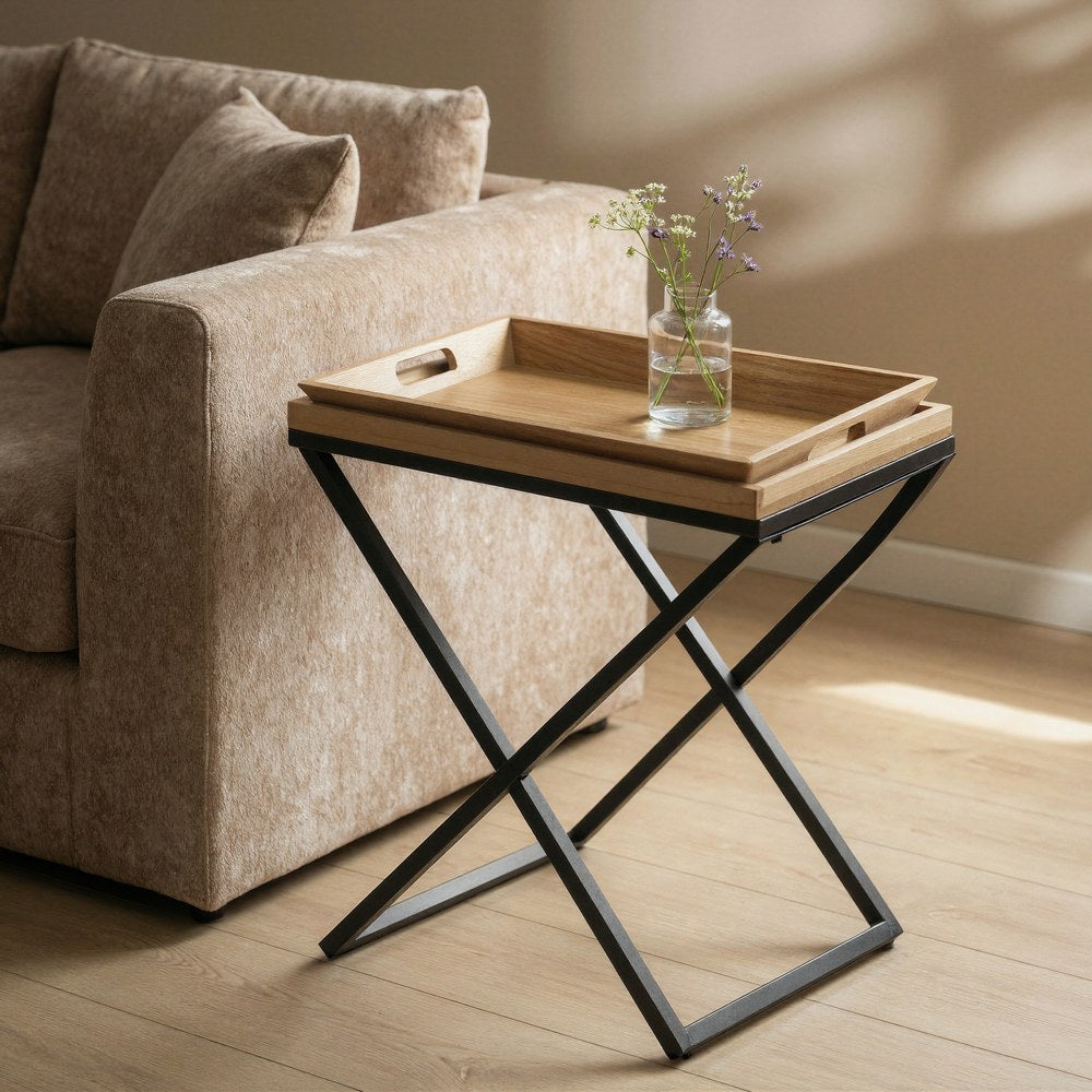 MESITA NATURAL-NEGRO MADERA-METAL 55 X 40 X 61,50 CM