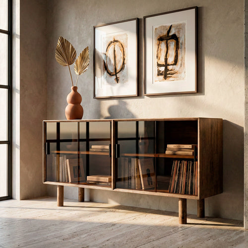APARADOR MARR�N MADERA-CRISTAL 160 X 46 X 80 CM