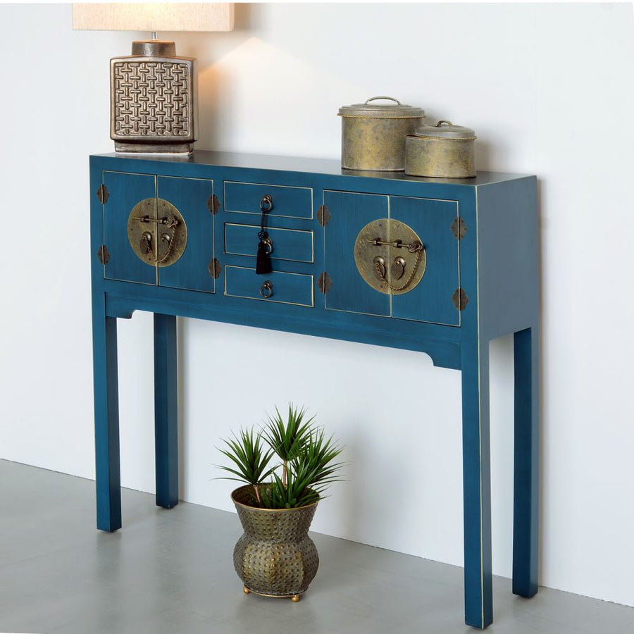 CONSOLA 4 PUERTAS Y 3 CAJONES AZUL DM 95 X 26 X 90 CM