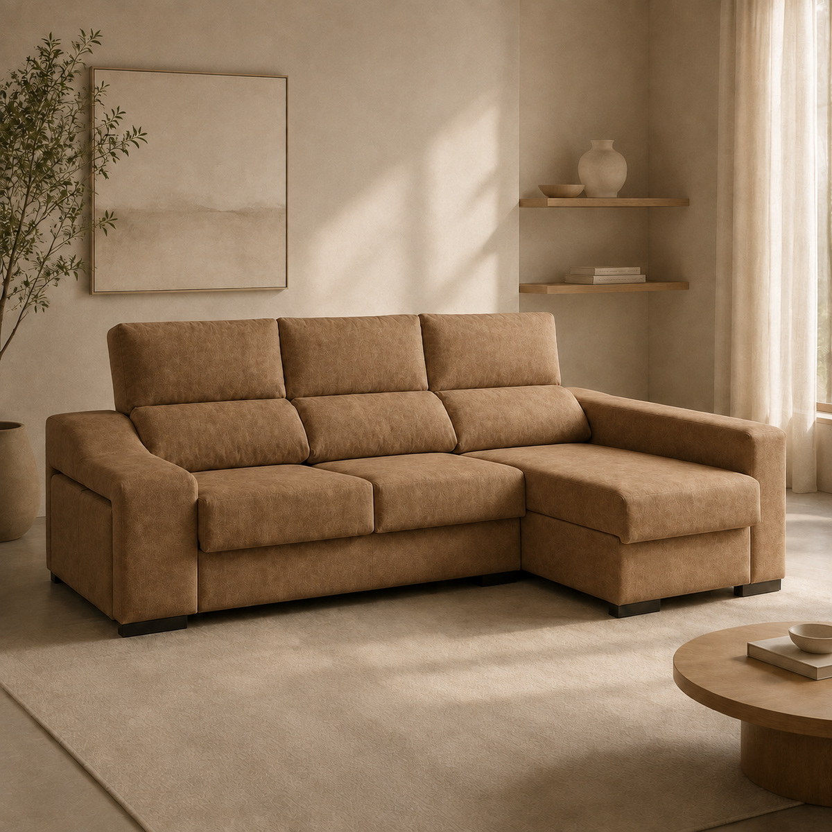 Sofá Franca Cairo Beig Oscuro, chaise longue derecha, vista ambiente