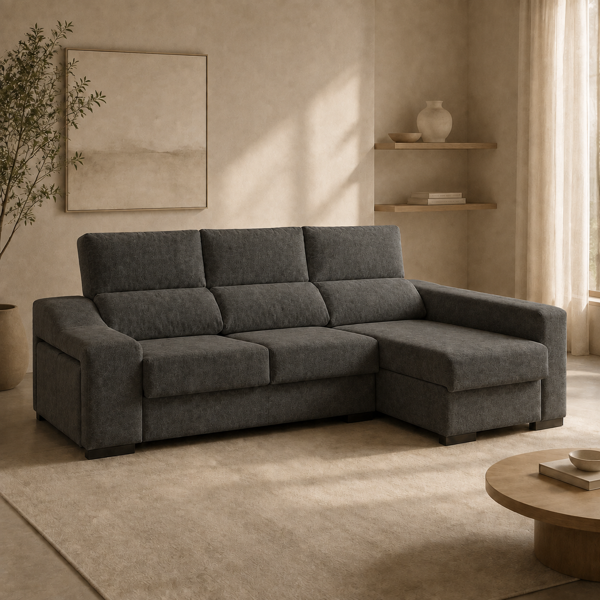 Sofá Franca Cairo Grafito, chaise longue derecha, vista ambiente