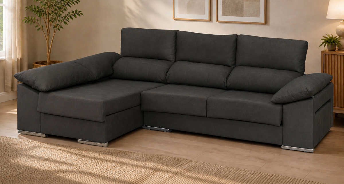 Sofá Franca Cairo Grafito, chaise longue izquierda, vista ambiente