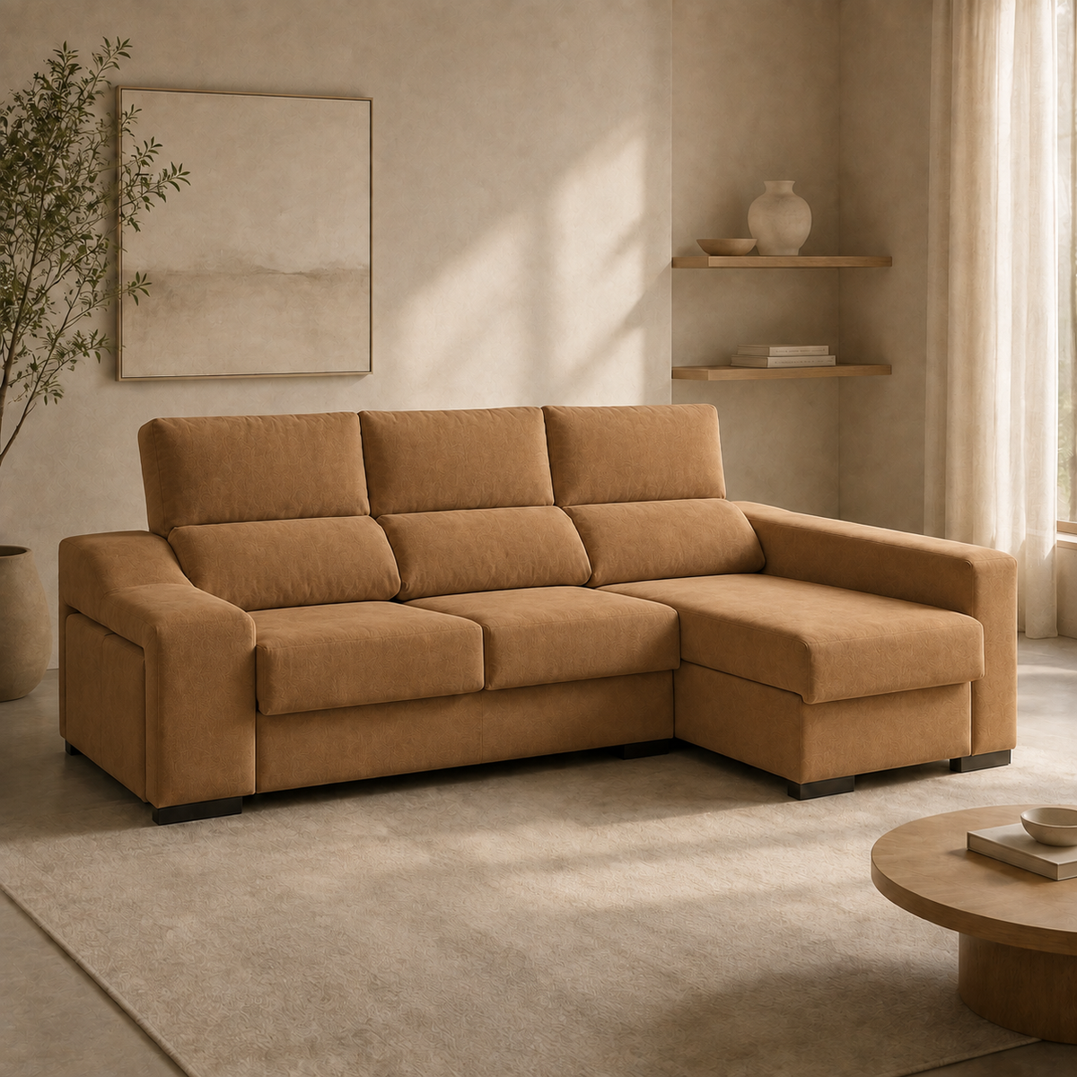 Sofá Franca Edi Camel, chaise longue derecha, vista ambiente