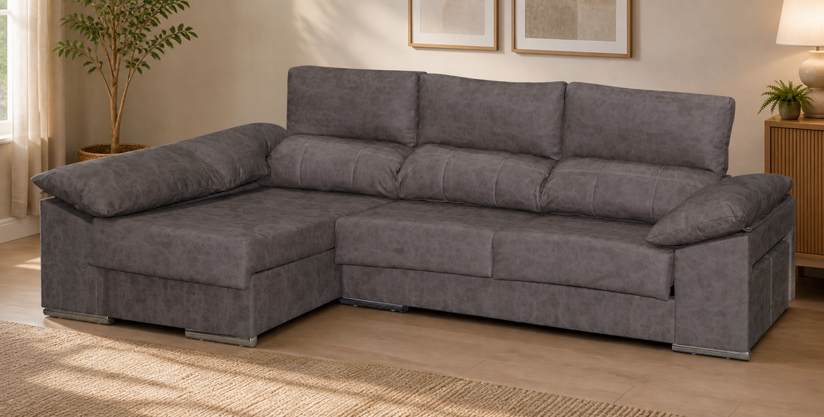 Sofá chaise longue Franca, vista 3/4 contextual con chaise longue izquierda