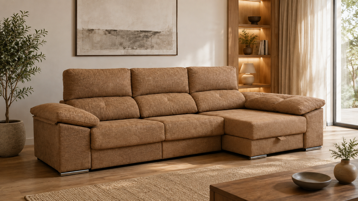 Sofá chaise longue Golf en color camel, vista ambiente