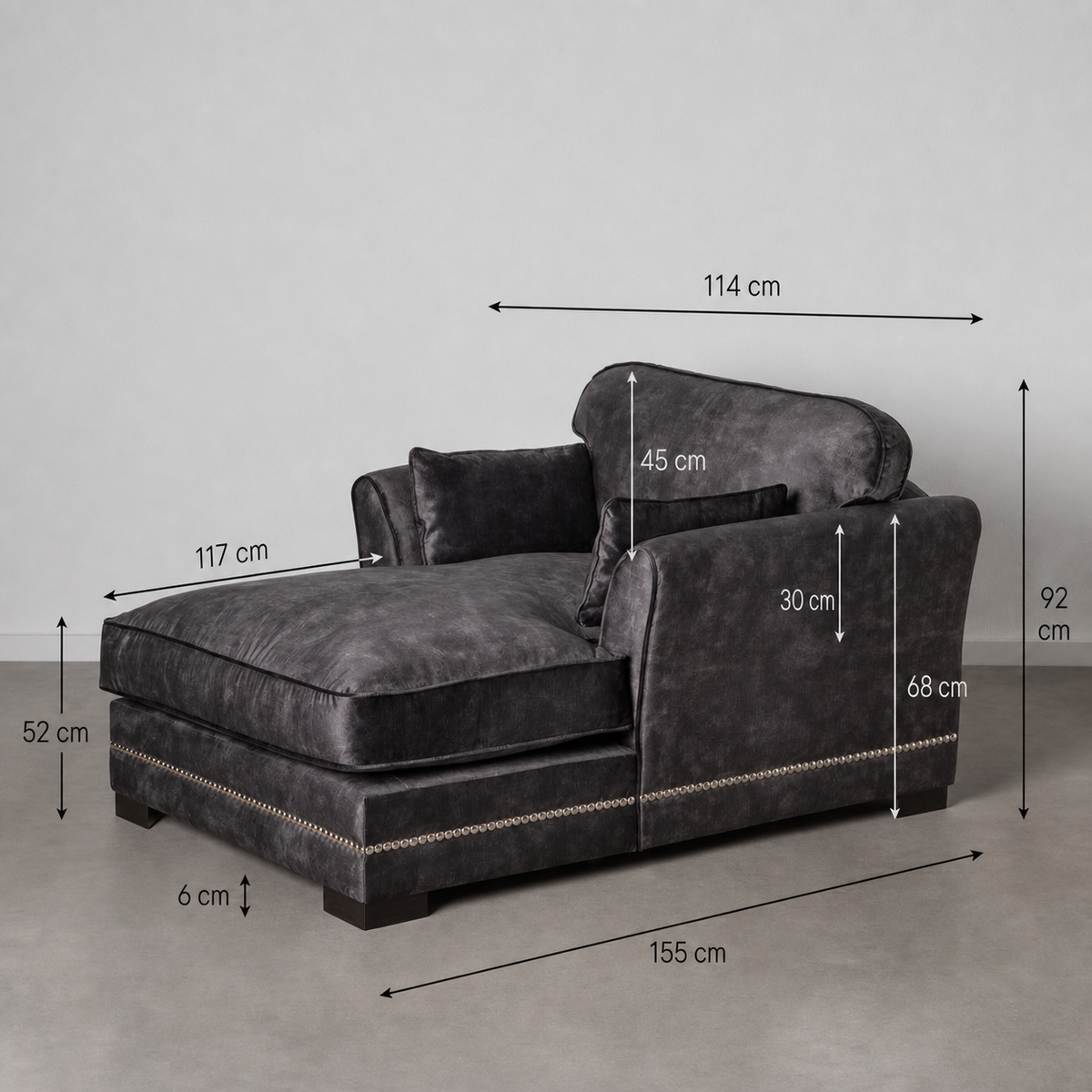 Ficha de medidas SOF� CHAISE LONGUE GRIS OSCURO TEJIDO 114 X 155 X 92 CM