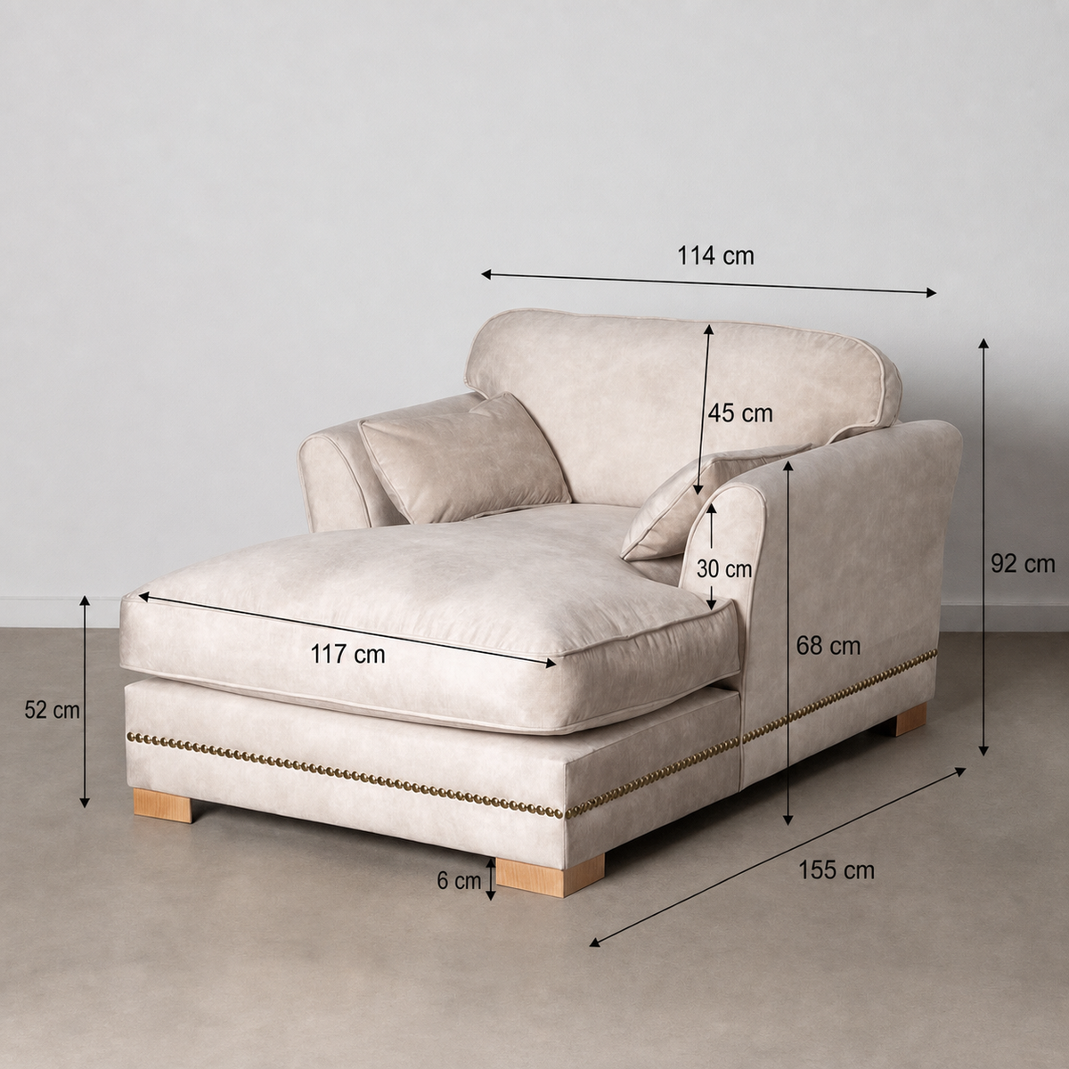 Ficha de medidas SOF� CHAISE LONGUE BEIGE TEJIDO SAL�N 114 X 155 X 92 CM