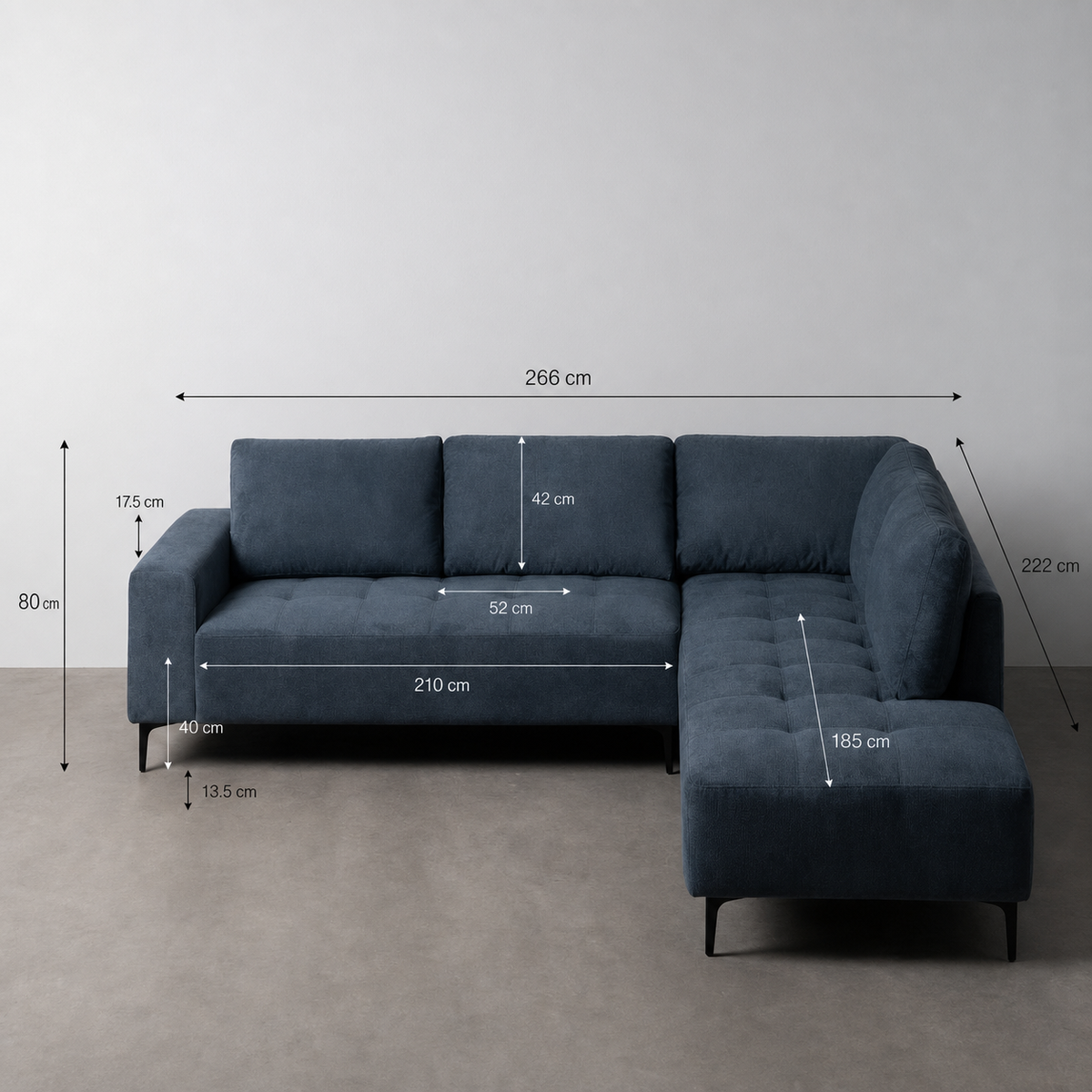 RIGHT CHAISE LONGUE SOFA BLUE 266 X 222 X 80 CM