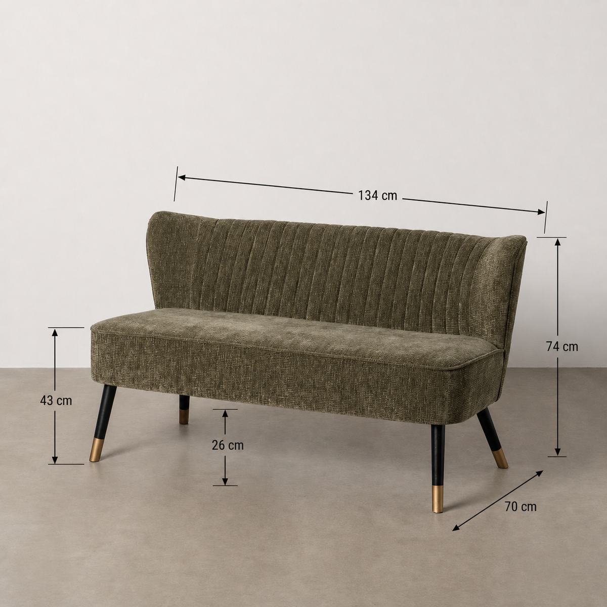 Guía de medidas de SOFÁ VERDE TEJIDO-MADERA SALÓN 134 X 70 X 74 CM