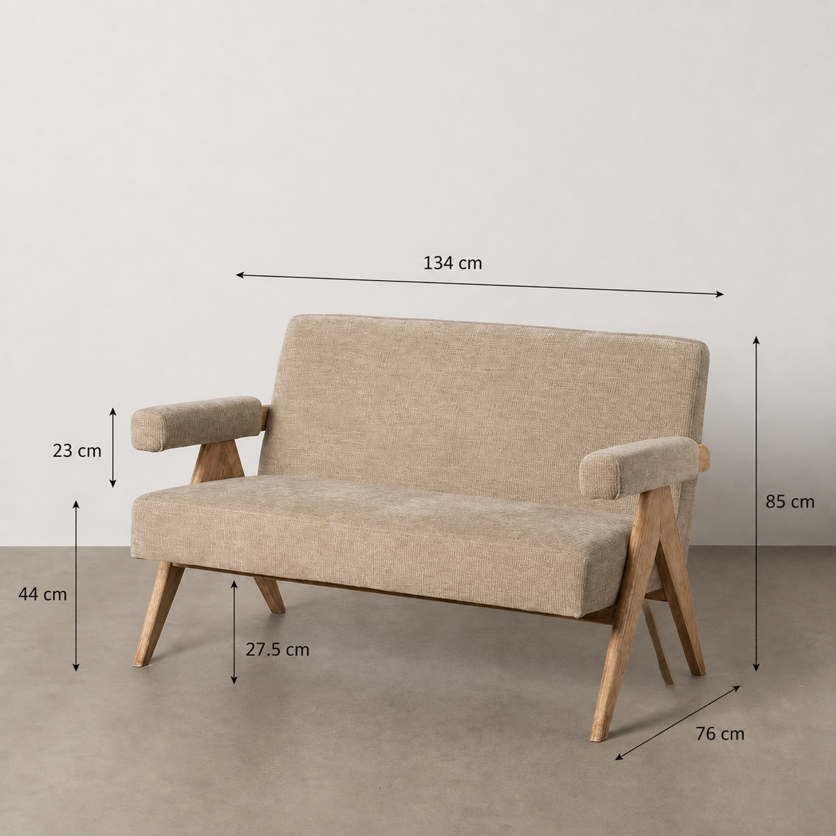 Guía de medidas de SOFÁ BEIGE TEJIDO-MADERA SALÓN 134 X 76 X 85 CM