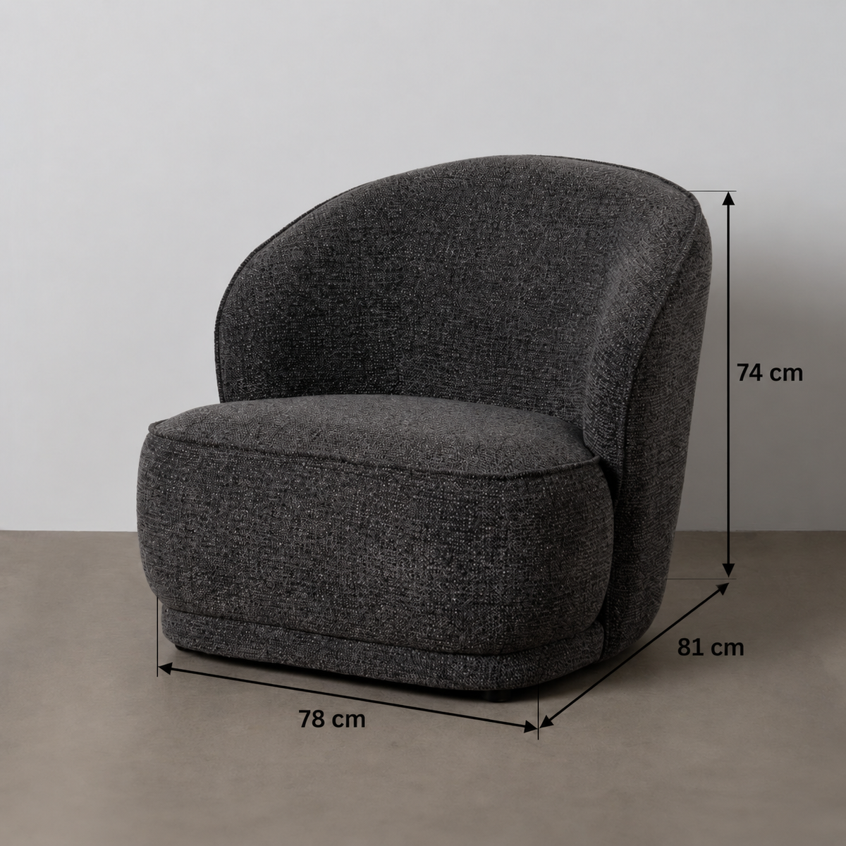 Sillón Bruma gris jaspeado — ficha de medidas 78 × 81 × 74 cm