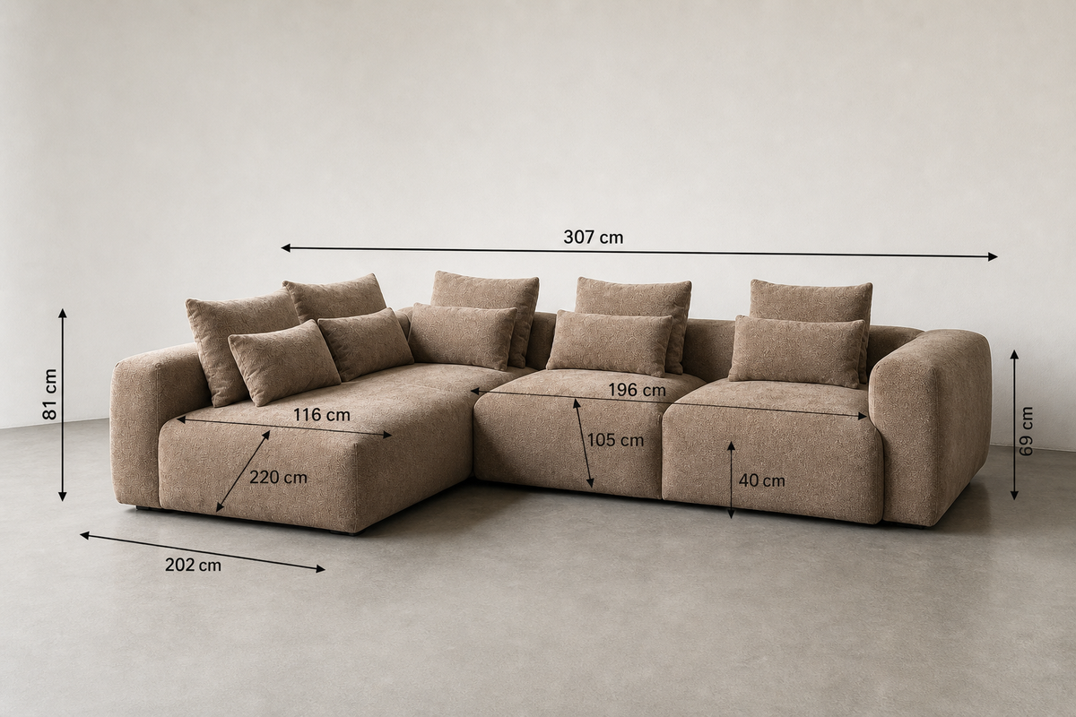 Guía de medidas de BEIGE LEFT CHAISE LONGUE SOFA 307 X 202 X 81 CM