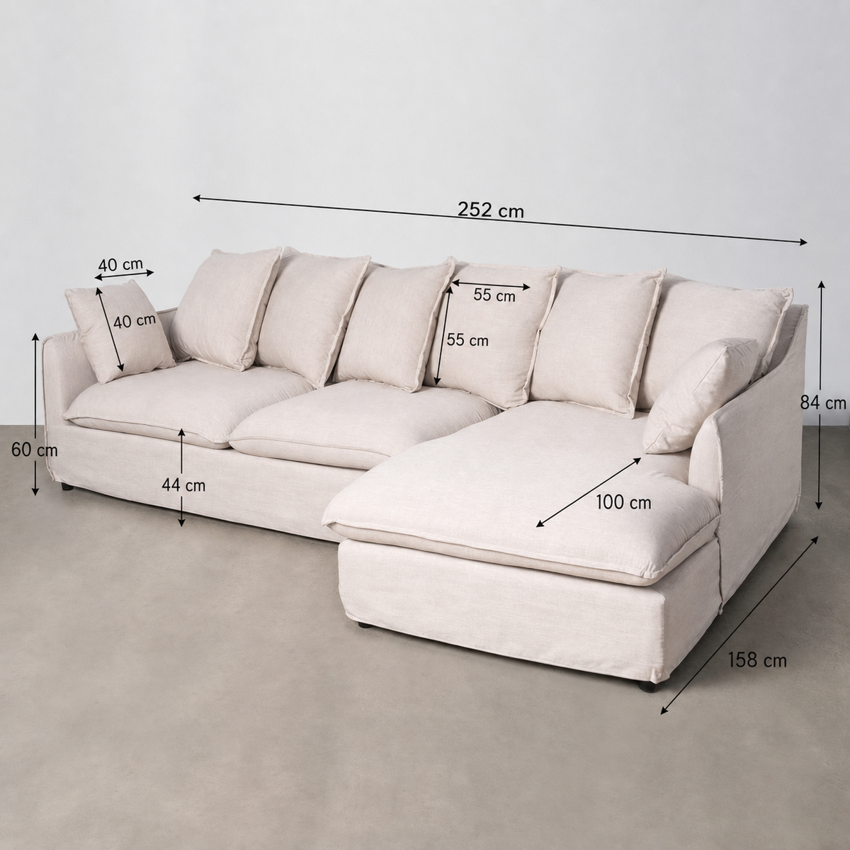 BEIGE CHAISE LONGUE SOFA DM-FABRIC LIVING ROOM 252 X 158 X 84 CM