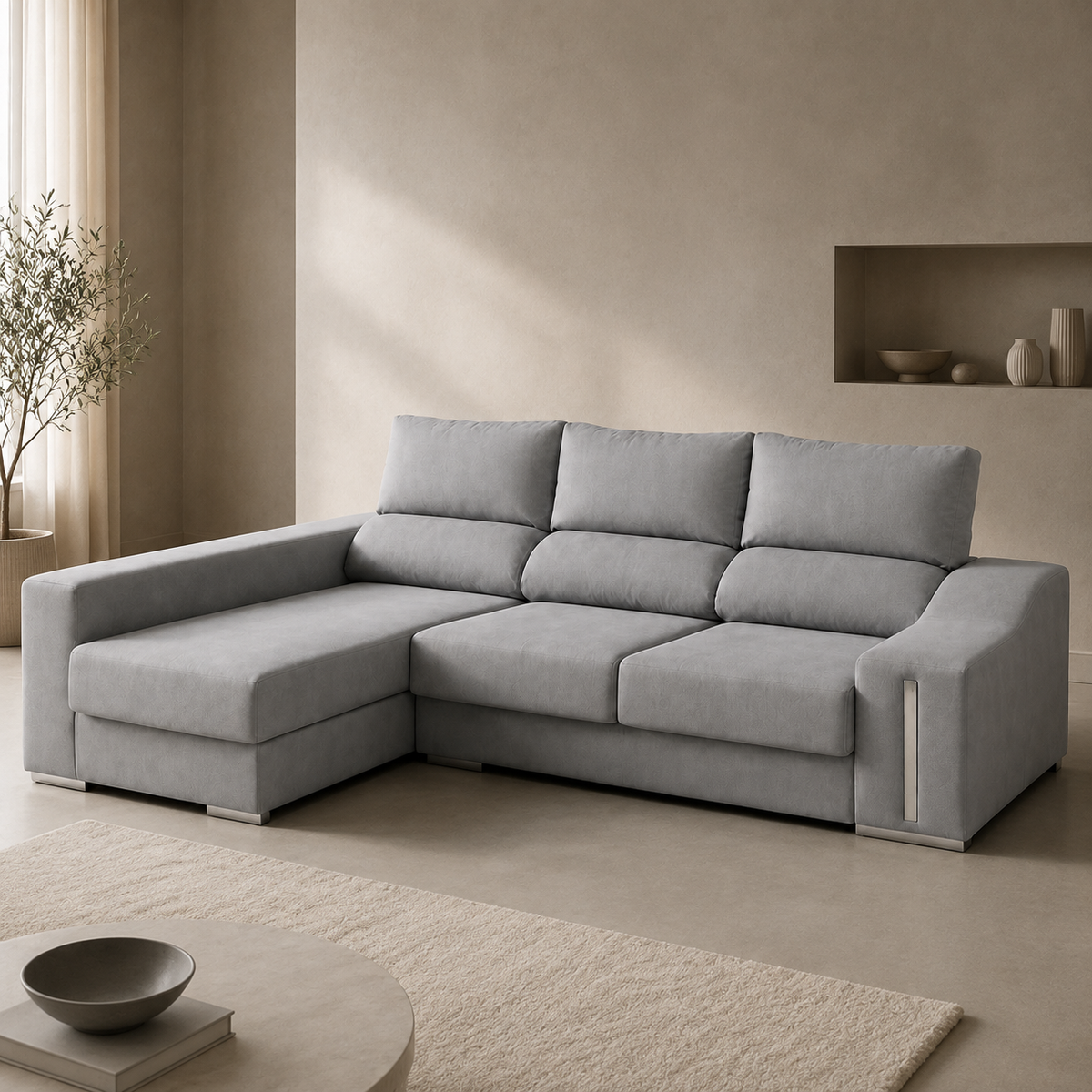 Sofá chaise longue Málaga gris, chaise longue izquierda, vista ambiente