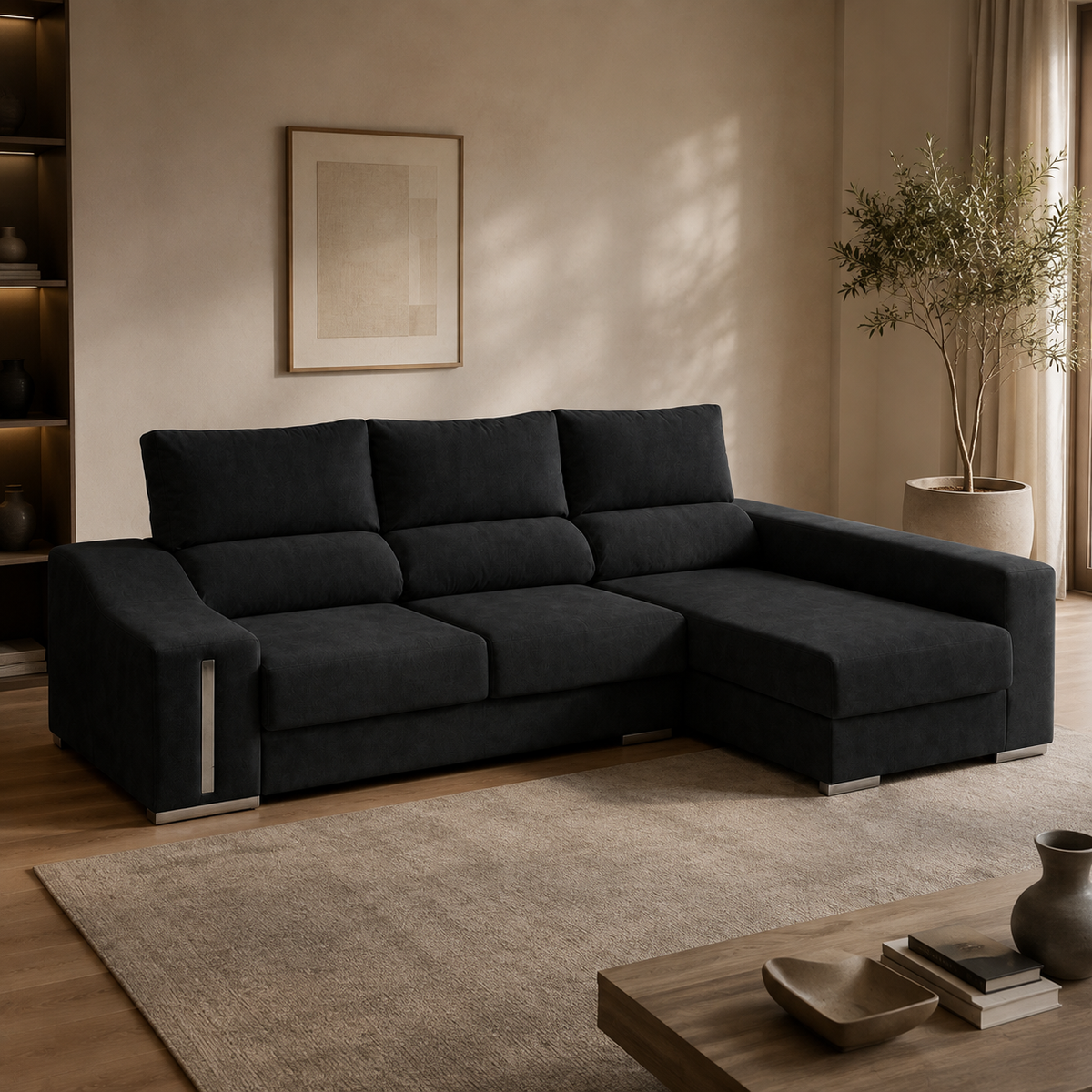 Sofá chaise longue Málaga en color negro, vista ambiente