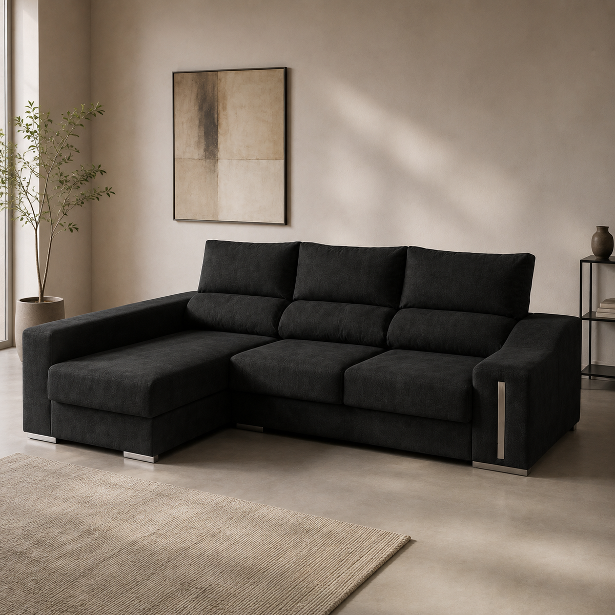 Sofá chaise longue Málaga negro, chaise longue izquierda, vista ambiente