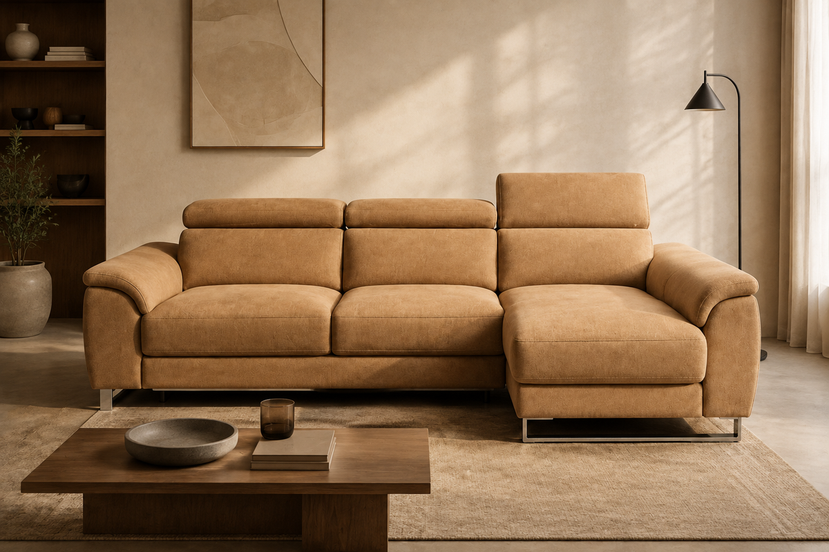 Sofá Río Edi Camel, chaise longue derecha, vista ambiente