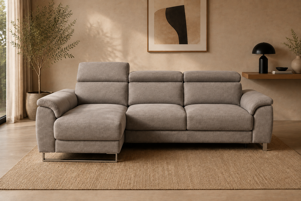 Sofá Río Magnol Cemento, chaise longue izquierda, vista ambiente