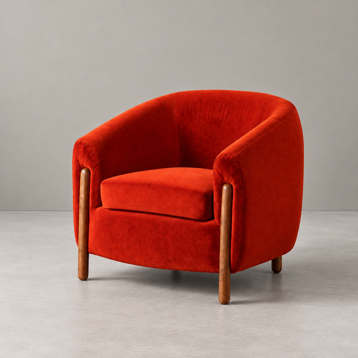 Sillón Ambar rojo de terciopelo y madera — vista 3/4