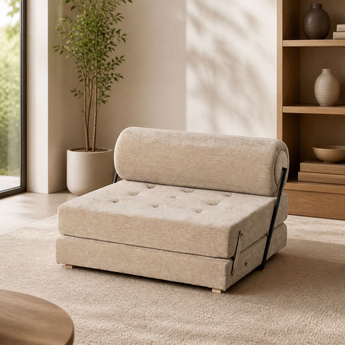 SOFÁ BEIGE TEJIDO-MADERA SALÓN 127 X 72 X 73 CM