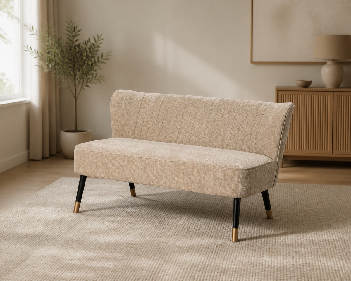 SOFÁ BEIGE TEJIDO-MADERA SALÓN 134 X 70 X 74 CM