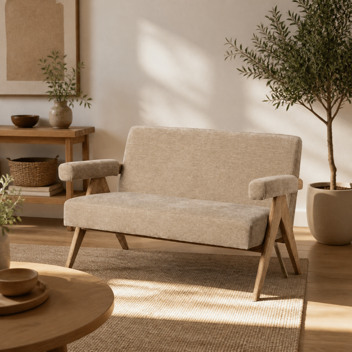 SOFÁ BEIGE TEJIDO-MADERA SALÓN 134 X 76 X 85 CM