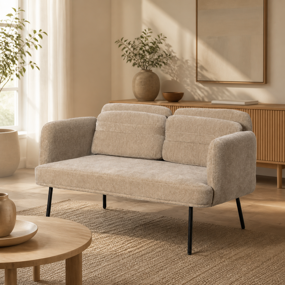 SOFÁ BEIGE TEJIDO-MADERA SALÓN 127 X 72 X 73 CM