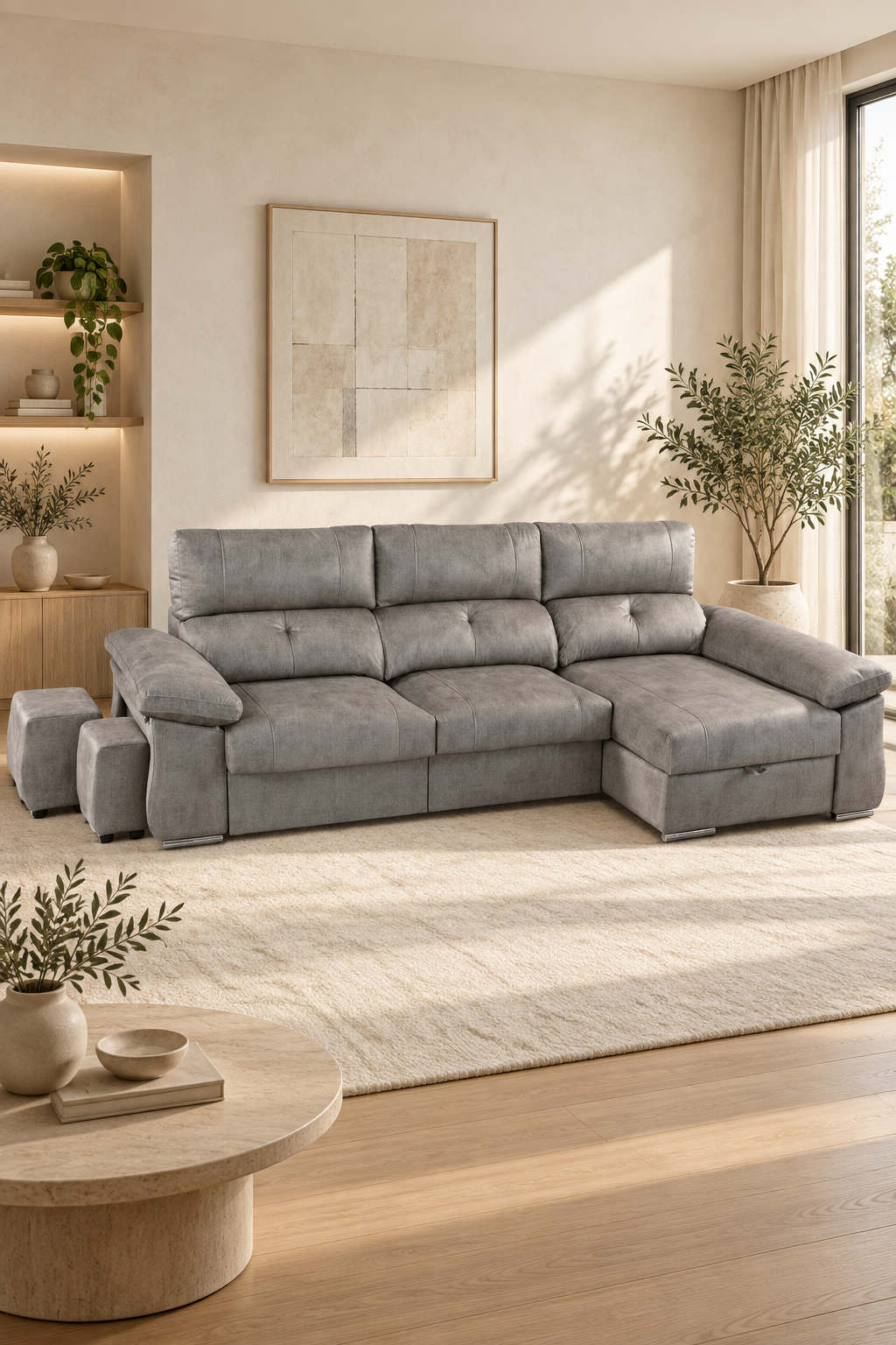 Sofá chaise longue Cupra en salón, fotografía vertical