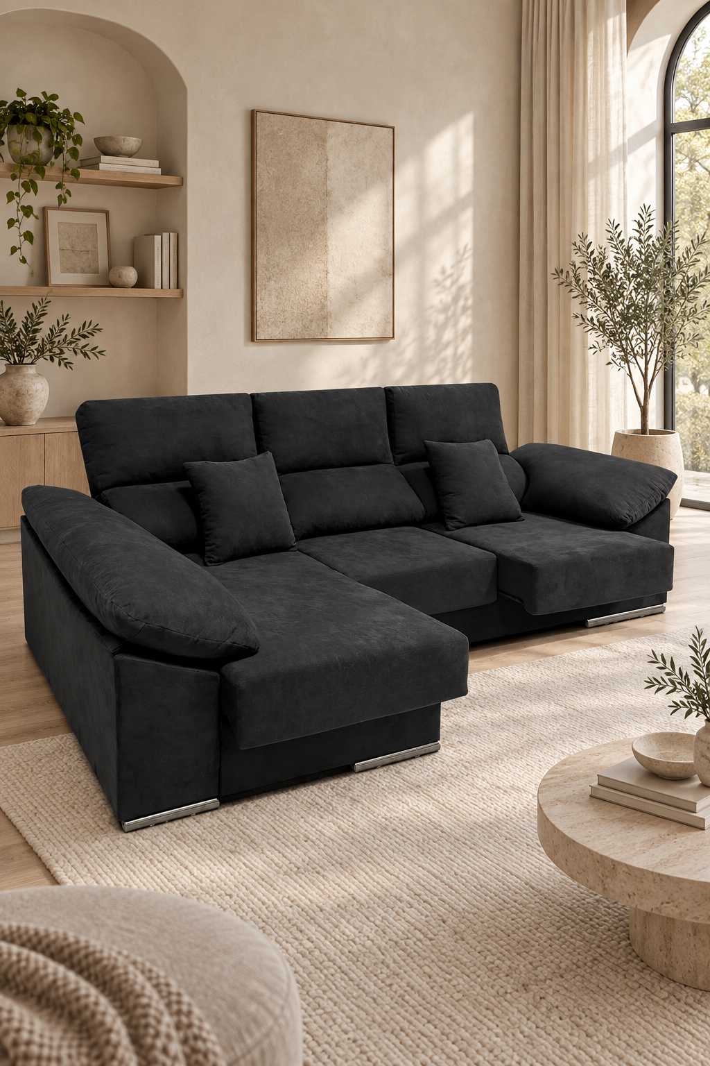 Sofá chaise longue Matias en salón, fotografía vertical