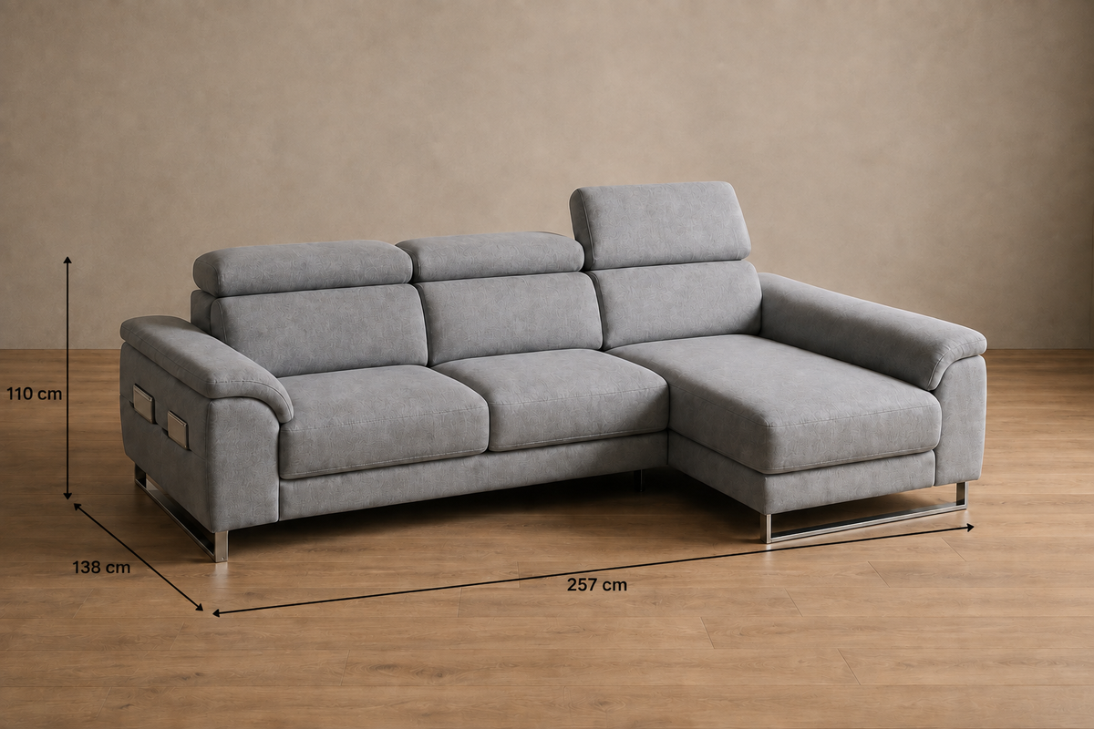 Ficha de medidas del sofá chaise longue Rio: 257 x 138 x 110 cm