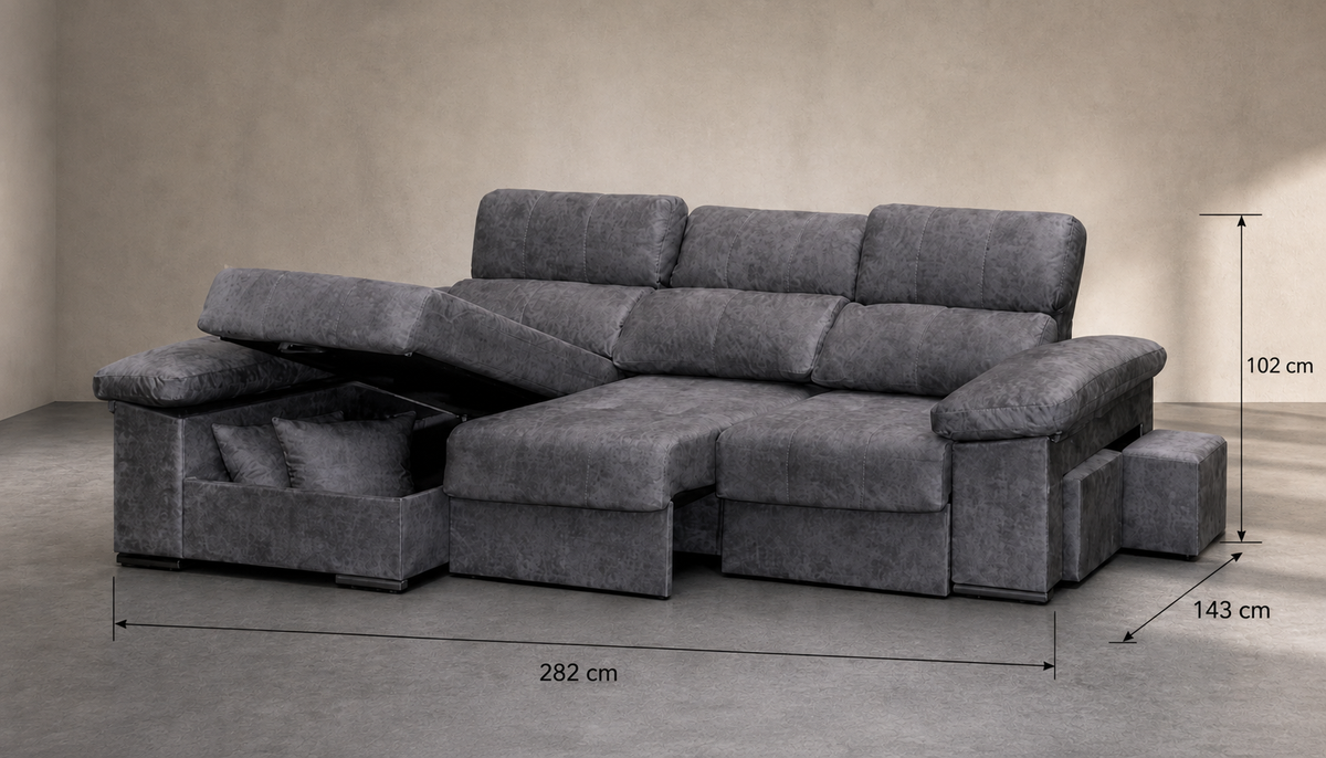 Ficha de medidas de Chaise Longue Roma — 282 x 143 x 102 cm